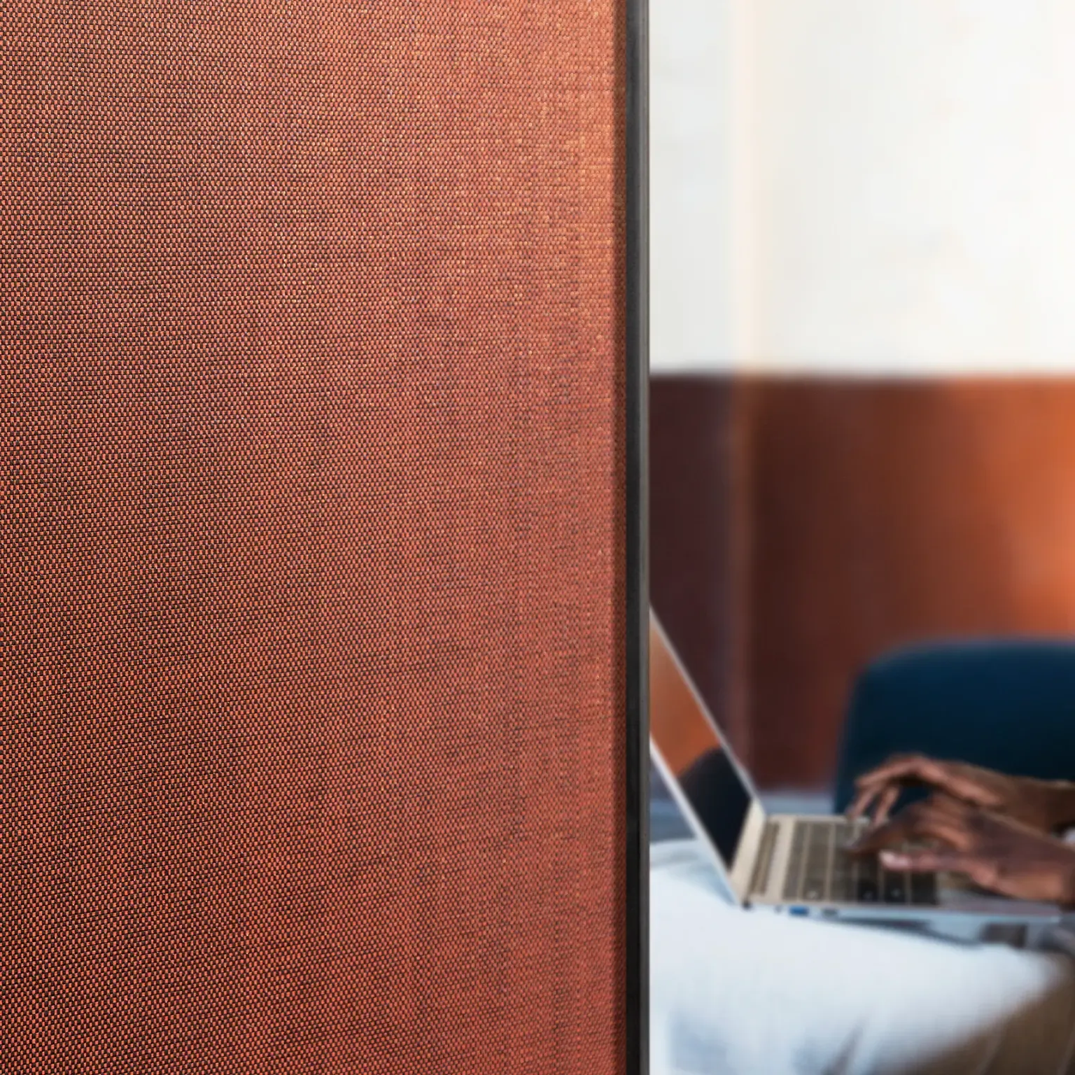 Blurred background of a person working on a laptop with a textured barrier