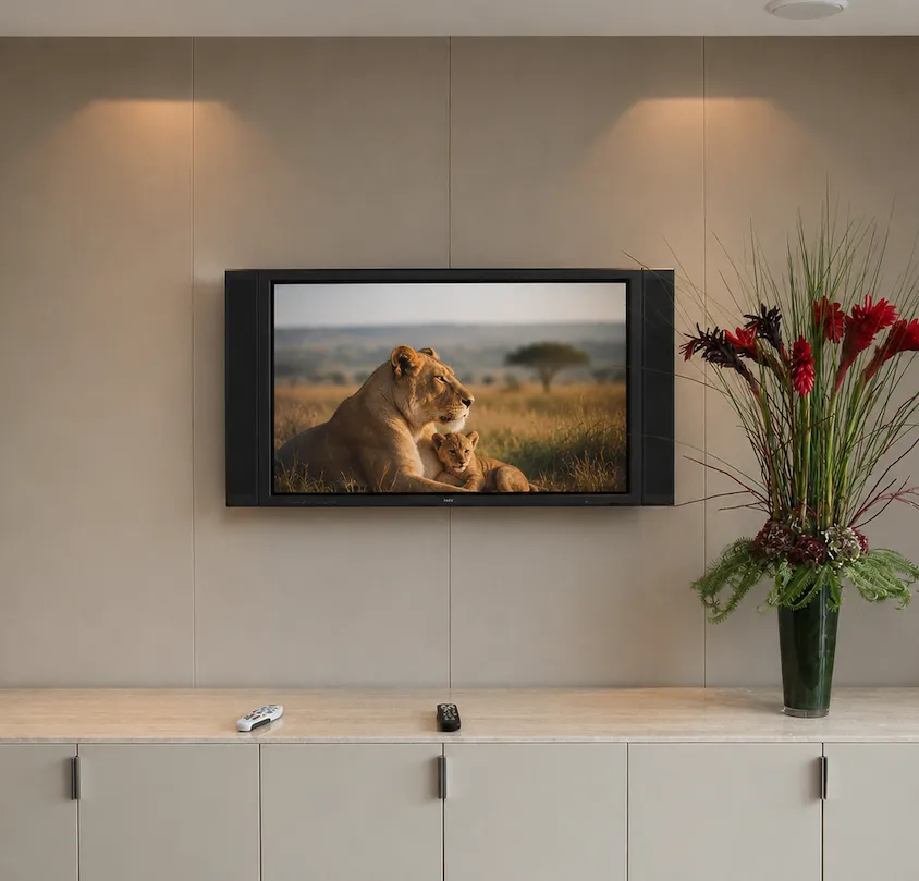 A lioness and her cub resting in tall grass on a wall-mounted screen